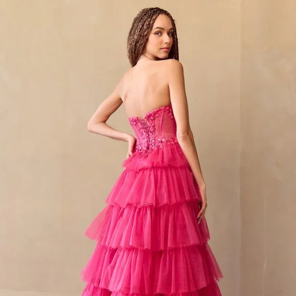 New Strapless Long Ruffled Prom Dress w/ Sheer Embroidered Boned Bodice AC 9053 - Picture 4 of 9